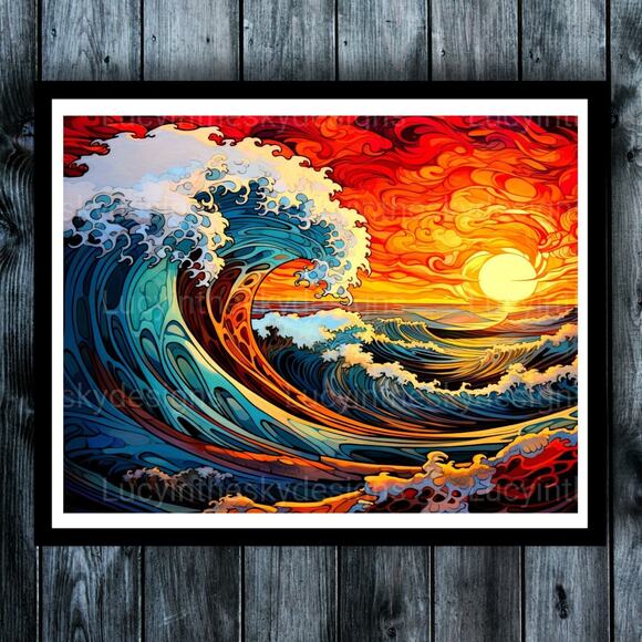 Handmade Other - Ocean Waves at Sunset Nautical Vivid Bright Art Print Wall Decor